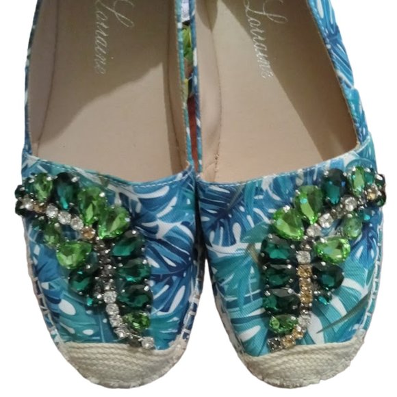 EUC 💎💎Jeweled 💎💎Tropical Palm Leaf Print Espadrille Flat | Women | Sz: 7 1/2